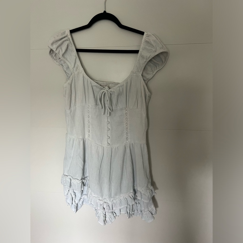 white urban outfitters square neck romper with puffy cap sleeves